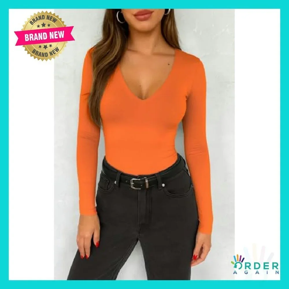 Y2K Slim Fit V Neck Crop Top Long Sleeve Double Lined Basic Tee
